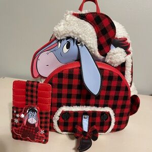 Eeyore in Christmas pajamas Loungefly mini backpack and card holder combo